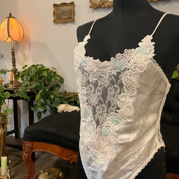 vintage Victoria's Secret Satin Lace Teddy Bodysuit Floral lingerie Size S White - Picture 4 of 6